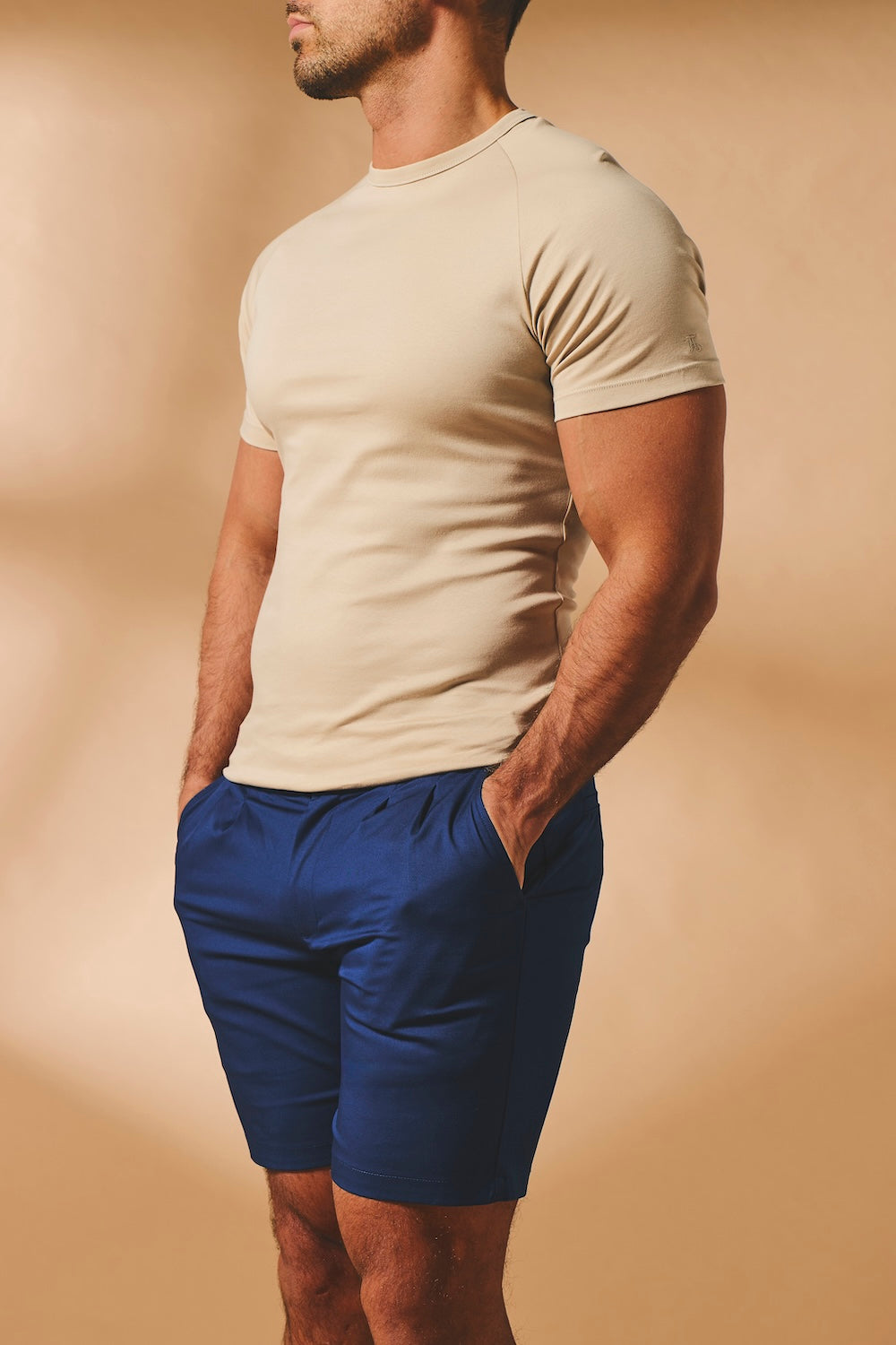 Smart Pleated Cotton Side Adjust Shorts in Navy