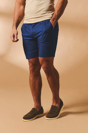 Smart Pleated Cotton Side Adjust Shorts in Navy