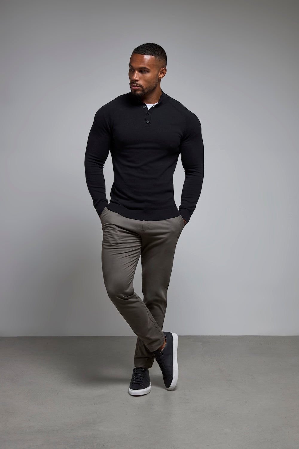 Pure Cotton Knitted Button Neck Jumper in Black