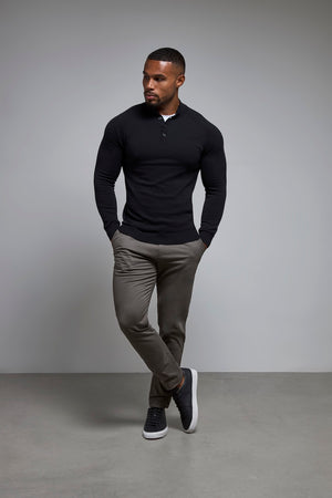 Pure Cotton Knitted Button Neck Jumper in Black