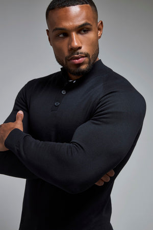 Pure Cotton Knitted Button Neck Jumper in Black