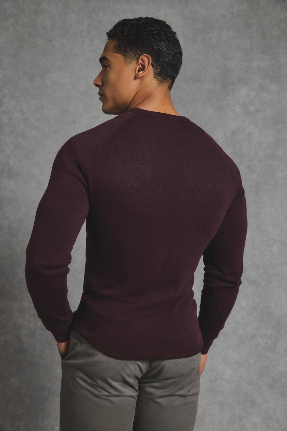 Pure Cotton Knitted Crew Neck Jumper in Dark Bordeaux