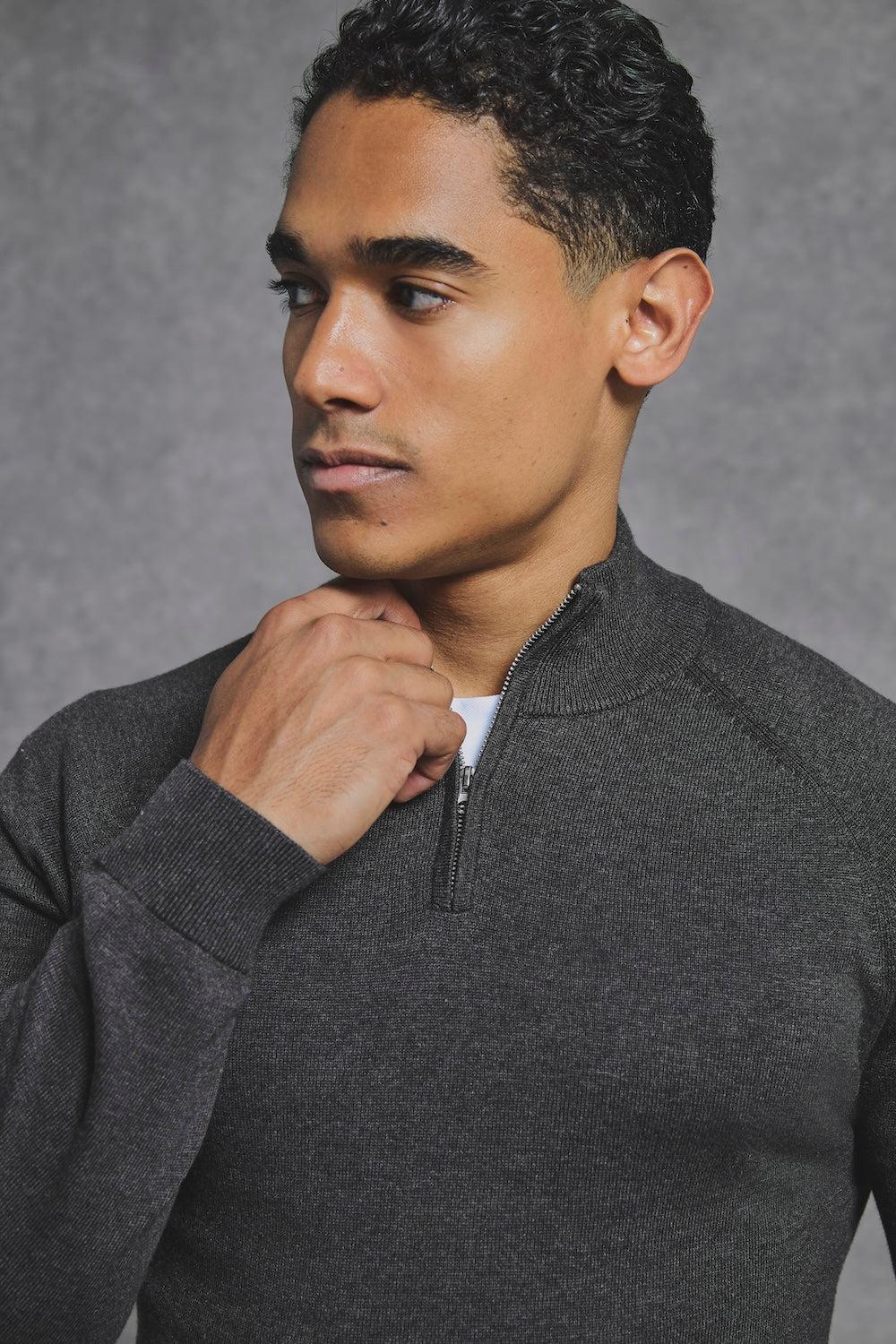 Pure Cotton Knitted Half Zip Neck Jumper in Brown Marl