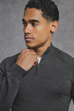 Pure Cotton Knitted Half Zip Neck Jumper in Brown Marl