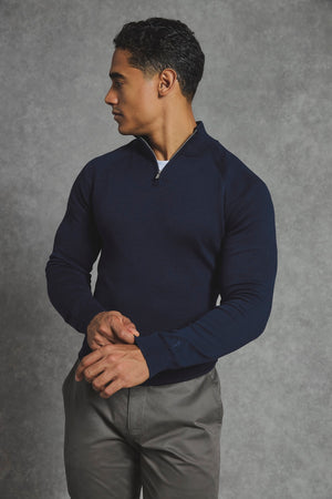 Pure Cotton Knitted Half Zip Neck Jumper in Navy