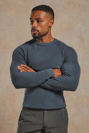 Pure Cotton Knitted Textured Crew Neck Jumper in Iron Grey