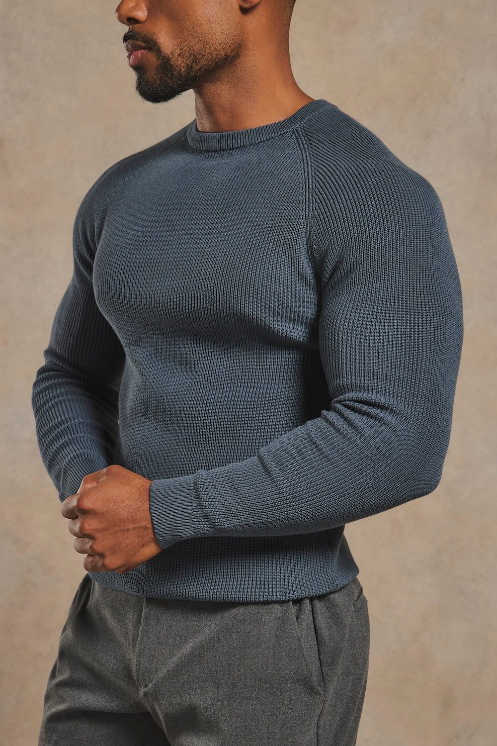 Pure Cotton Knitted Textured Crew Neck Jumper in Iron Grey