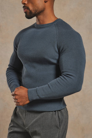Pure Cotton Knitted Textured Crew Neck Jumper in Iron Grey