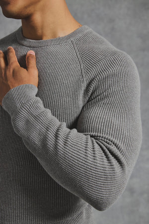 Pure Cotton Knitted Textured Crew Neck Jumper in Charcoal Marl