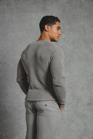 Pure Cotton Knitted Textured Crew Neck Jumper in Charcoal Marl