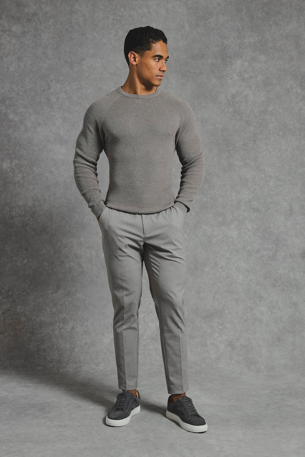Pure Cotton Knitted Textured Crew Neck Jumper in Charcoal Marl