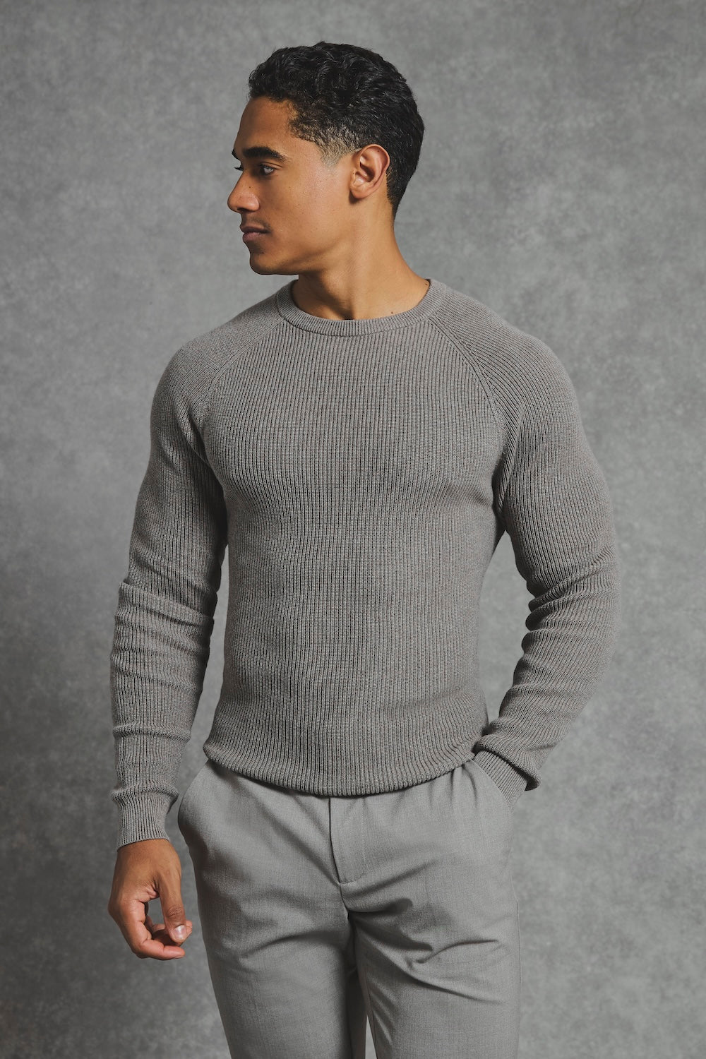 Pure Cotton Knitted Textured Crew Neck Jumper in Charcoal Marl