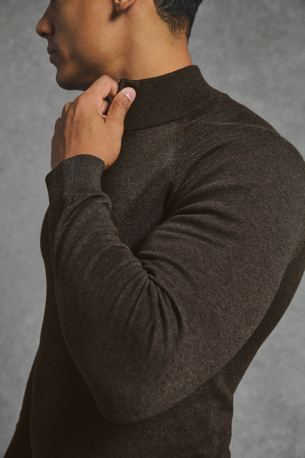 Pure Cotton Knitted Half Zip Neck Jumper in Brown Marl