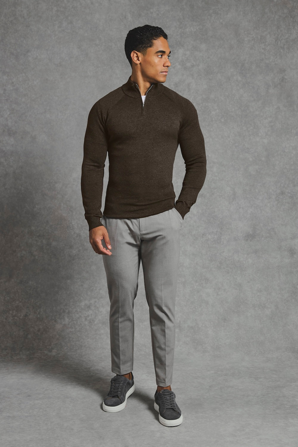 Pure Cotton Knitted Half Zip Neck Jumper in Brown Marl