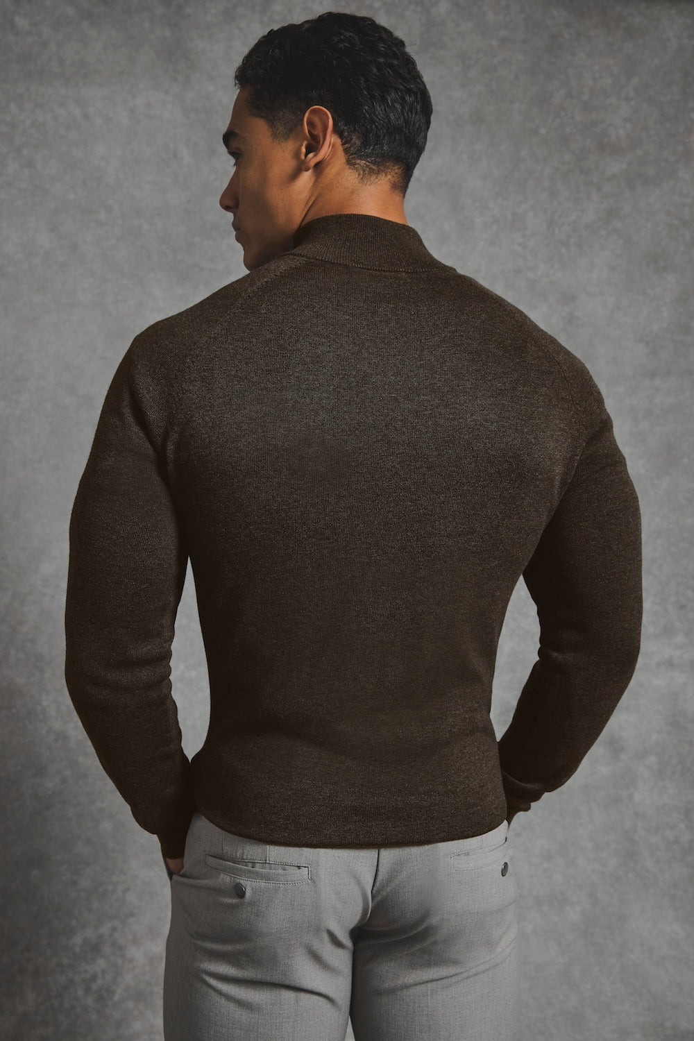 Pure Cotton Knitted Half Zip Neck Jumper in Brown Marl