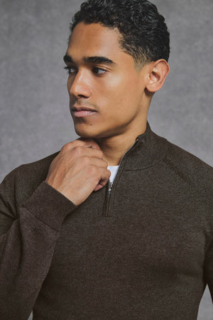 Pure Cotton Knitted Half Zip Neck Jumper in Brown Marl