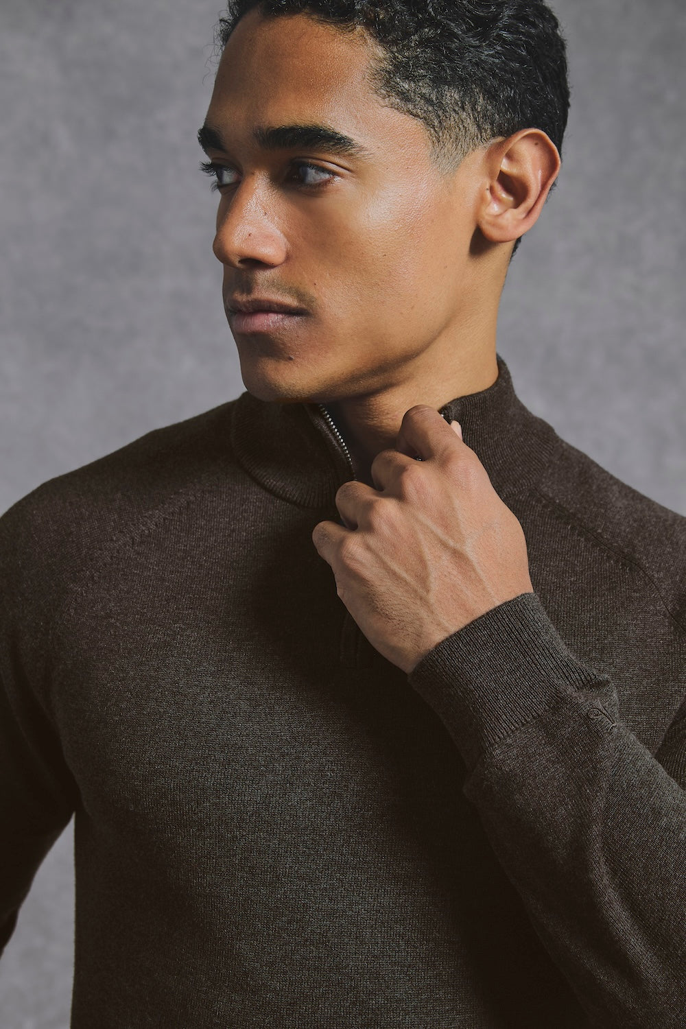 Pure Cotton Knitted Half Zip Neck Jumper in Brown Marl