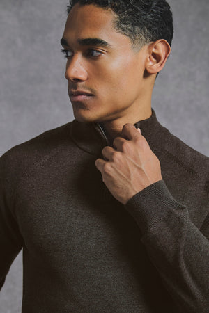 Pure Cotton Knitted Half Zip Neck Jumper in Brown Marl
