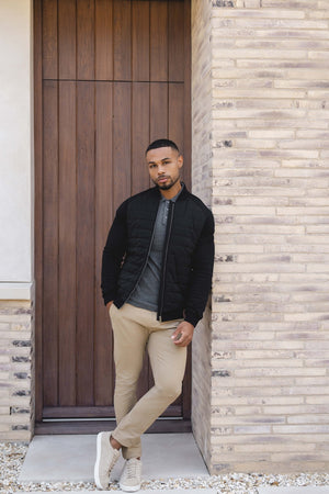 Quilted Hybrid Bomber Jacket in Black