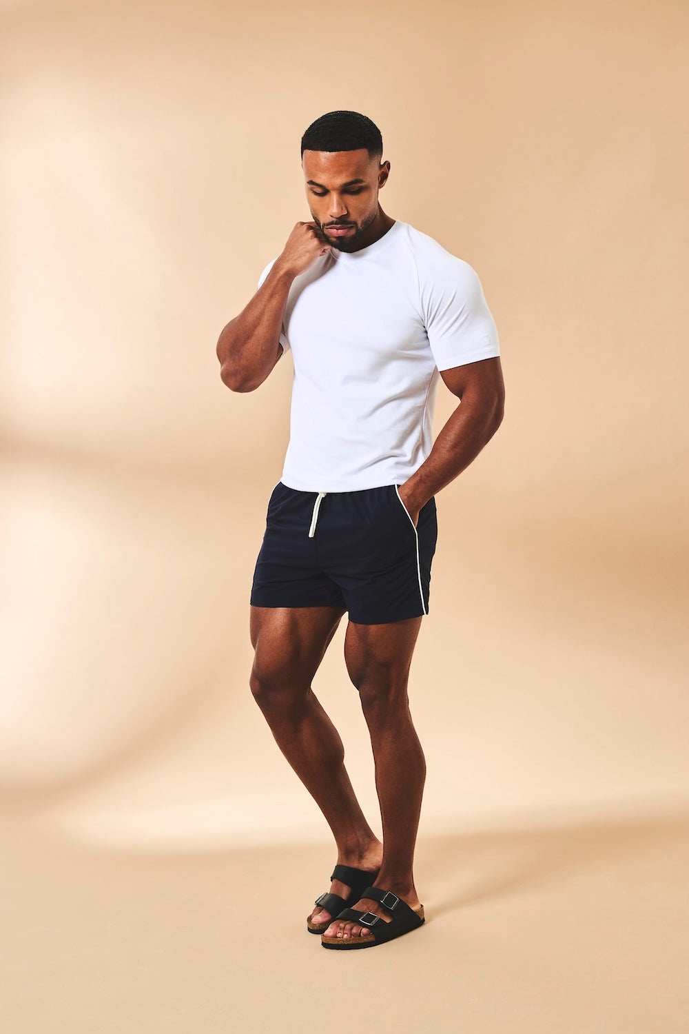 Quick Dry Piped Swim Shorts in Navy