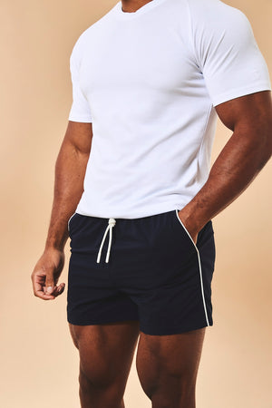 Quick Dry Piped Swim Shorts in Navy
