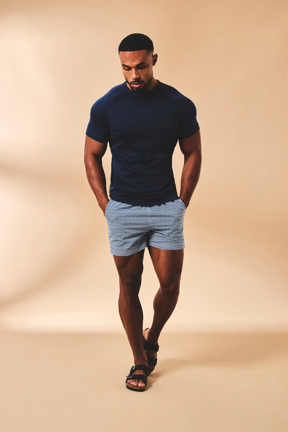 Quick Dry Printed Micro Geo Swim Shorts in Blue