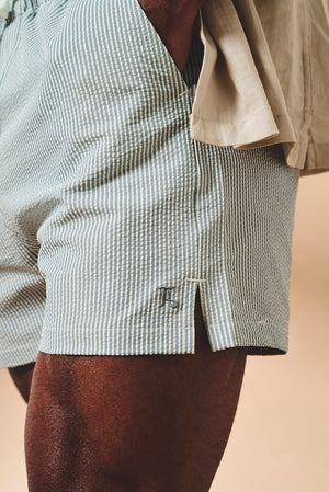 Quick Dry Seersucker Stripe Swim Short in Blue and White