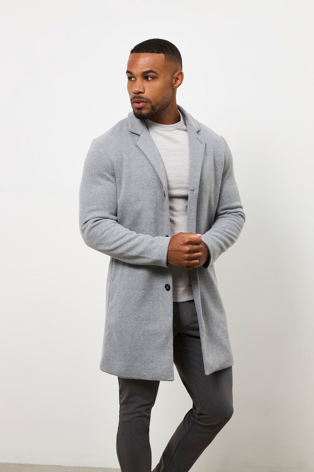 Single Breasted Herringbone Overcoat in Soft Grey