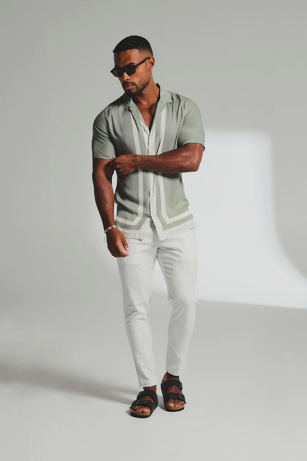 Colour Block Border Shirt in Sage and Cream