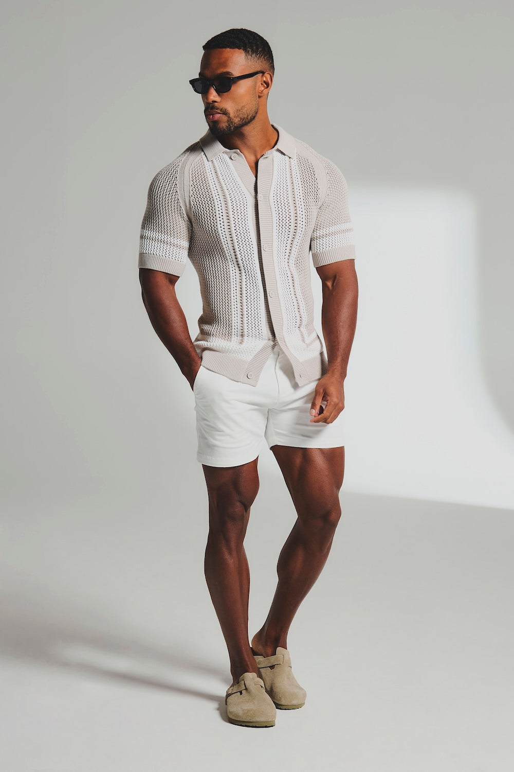 Colour Block Crochet Knitted Shirt in Mushroom and Chalk