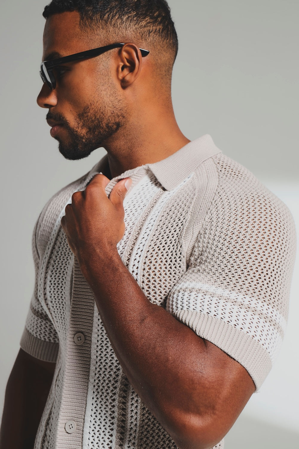 Colour Block Crochet Knitted Shirt in Mushroom and Chalk