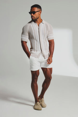 Colour Block Crochet Knitted Shirt in Mushroom and Chalk