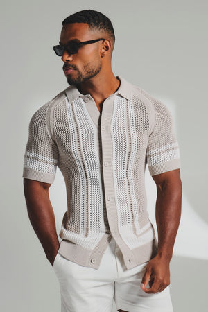 Colour Block Crochet Knitted Shirt in Mushroom and Chalk