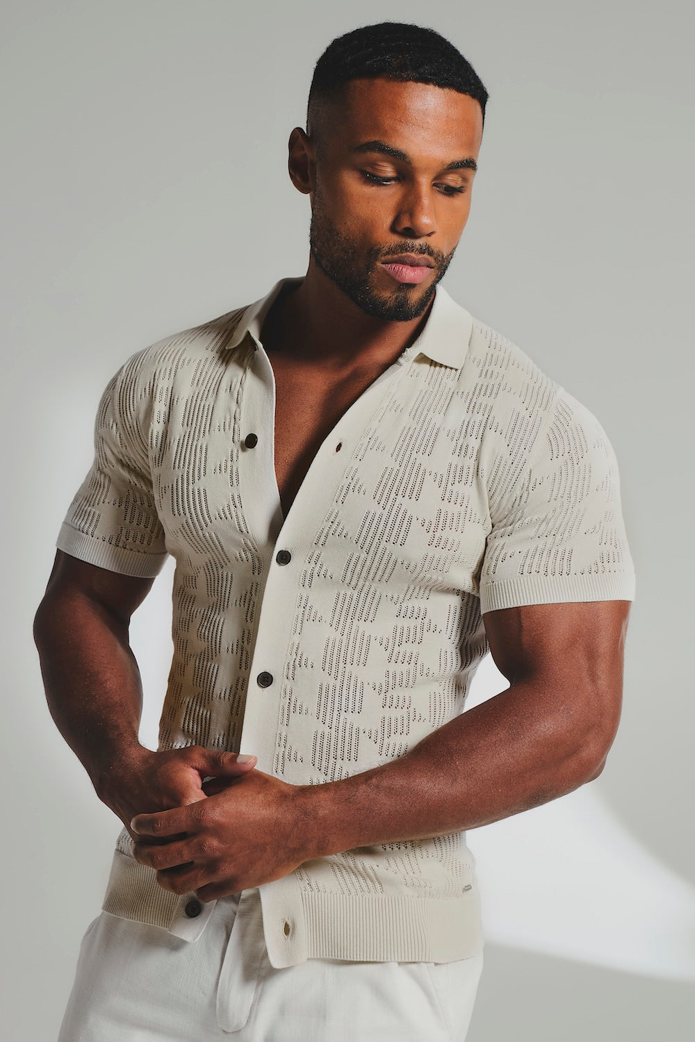 Geo Crochet Knitted Shirt in Neutral