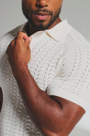 Pointelle Knitted Open Collar Polo Shirt in Chalk