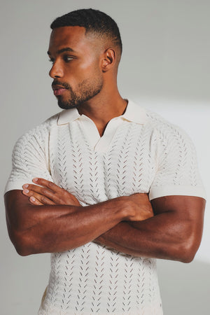 Pointelle Knitted Open Collar Polo Shirt in Chalk