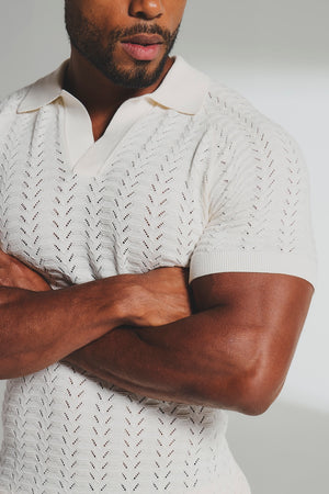 Pointelle Knitted Open Collar Polo Shirt in Chalk