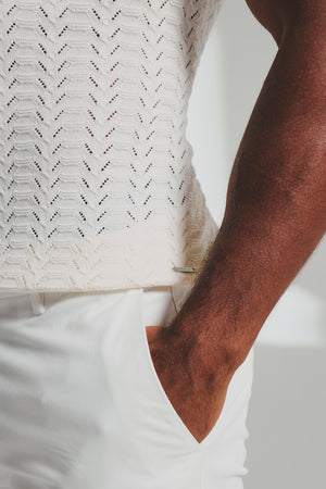 Pointelle Knitted Open Collar Polo Shirt in Chalk