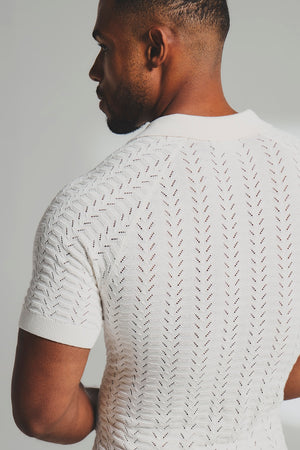 Pointelle Knitted Open Collar Polo Shirt in Chalk