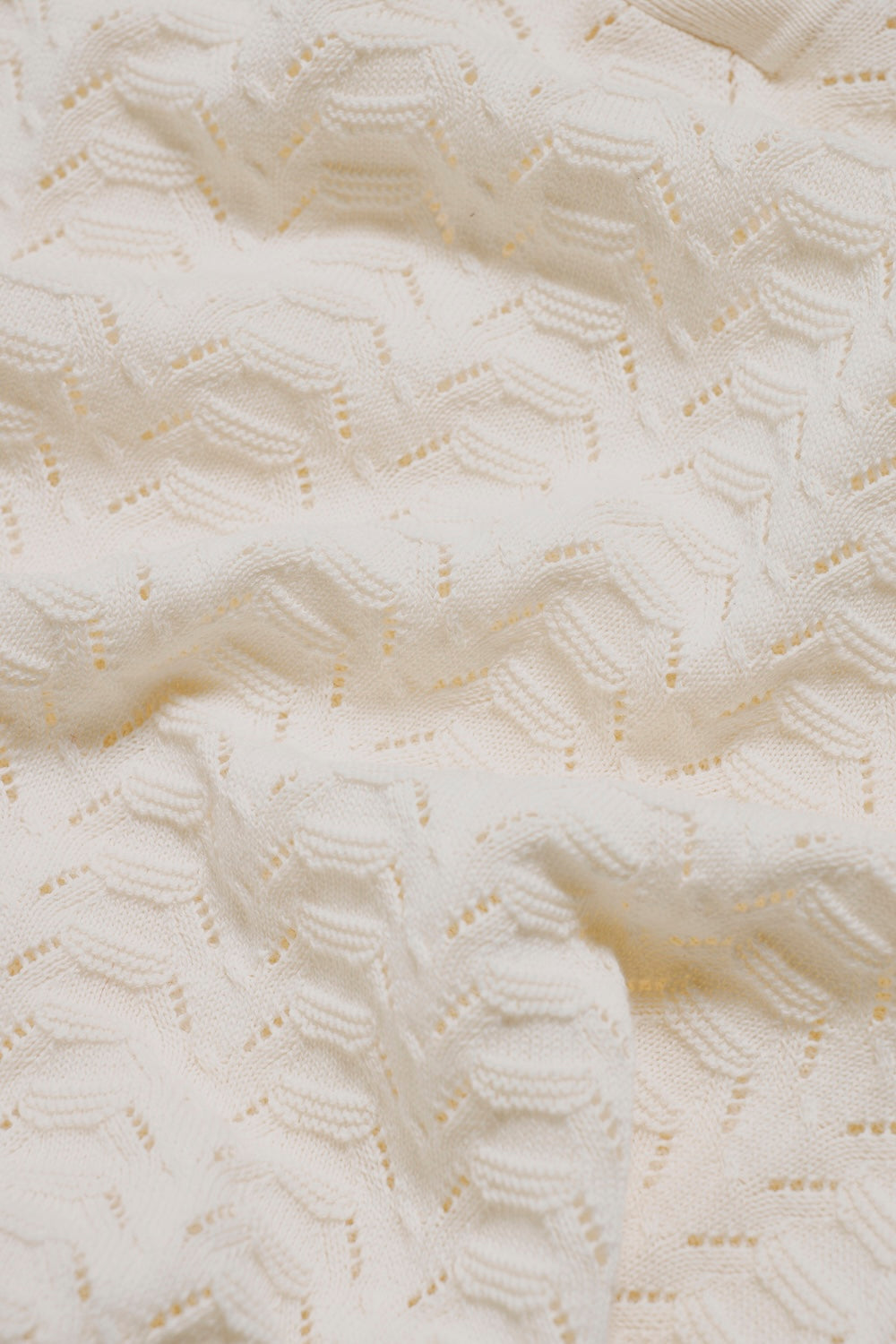 Pointelle Knitted Open Collar Polo Shirt in Chalk