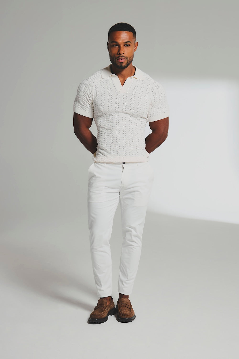 Pointelle Knitted Open Collar Polo Shirt in Chalk
