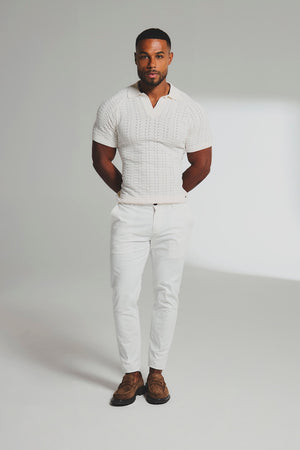 Pointelle Knitted Open Collar Polo Shirt in Chalk