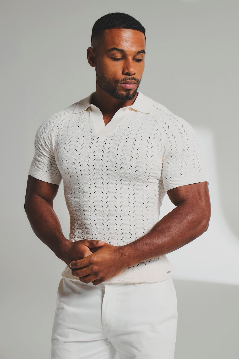 Pointelle Knitted Open Collar Polo Shirt in Chalk