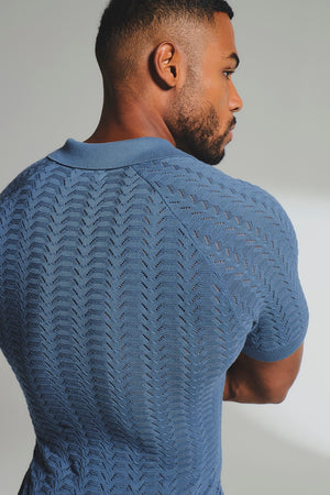 Pointelle Knitted Open Collar Polo Shirt in Blue