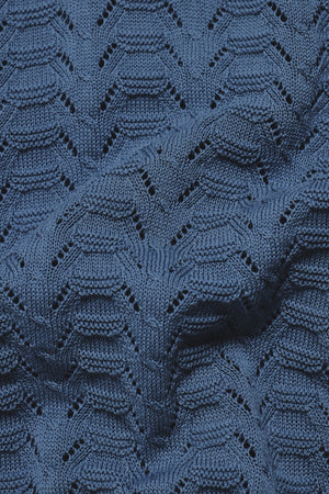 Pointelle Knitted Open Collar Polo Shirt in Blue