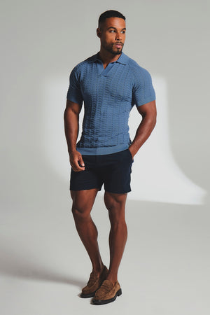 Pointelle Knitted Open Collar Polo Shirt in Blue