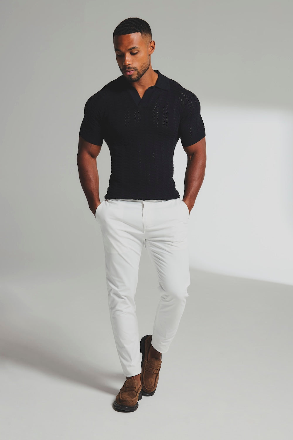 Pointelle Knitted Open Collar Polo Shirt in Black