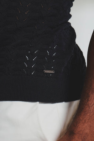 Pointelle Knitted Open Collar Polo Shirt in Black