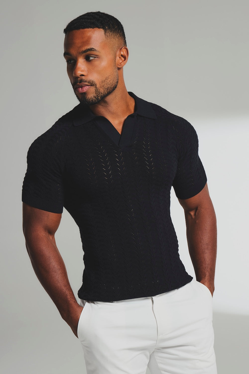 Pointelle Knitted Open Collar Polo Shirt in Black