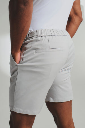 Smart Pleated Cotton Side Adjust Shorts in Pale Grey